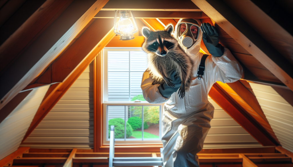 This is a technician performing wildlife removal services from an attic. This is a raccoon removal